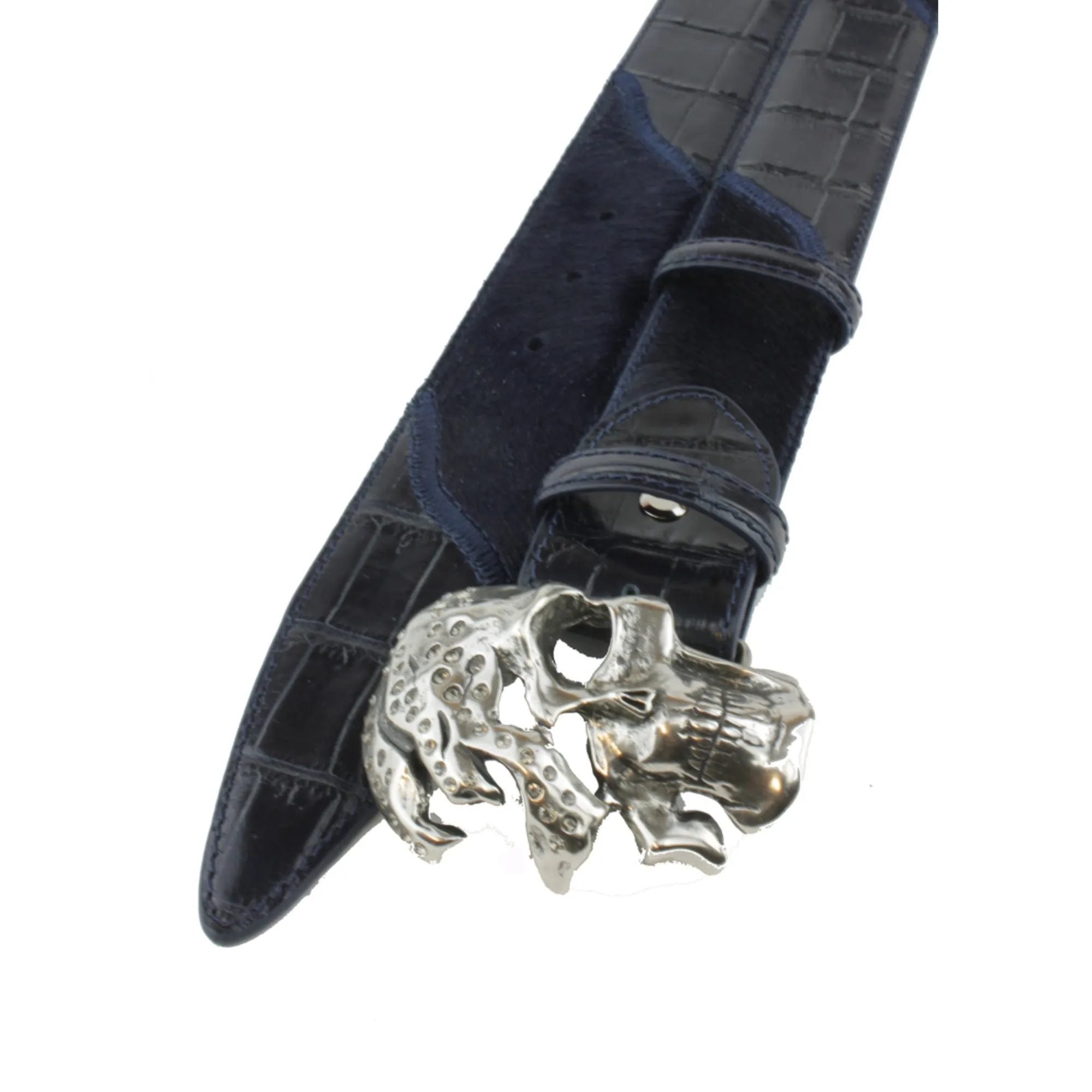 Greystoke' Deep Blue Pony/Croc Mix Skull Belt