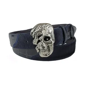 Greystoke' Deep Blue Pony/Croc Mix Skull Belt