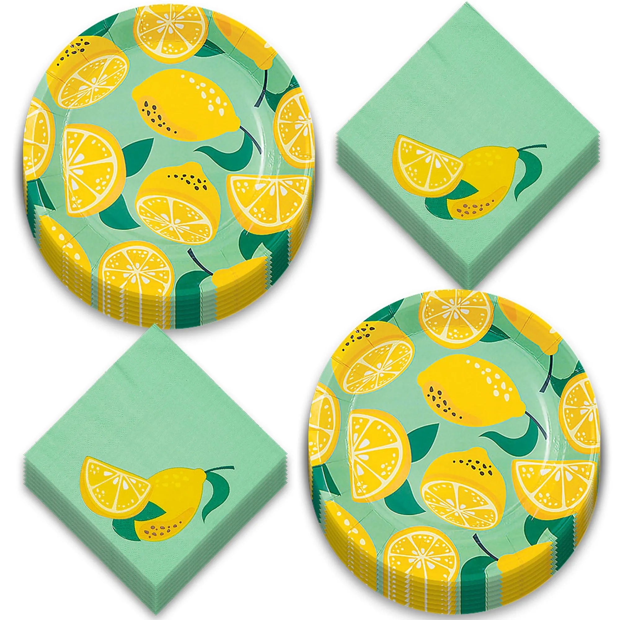 Lemon & Leaves Minty Citrus Round Paper Dessert Plates and Napkins (Serves 16)