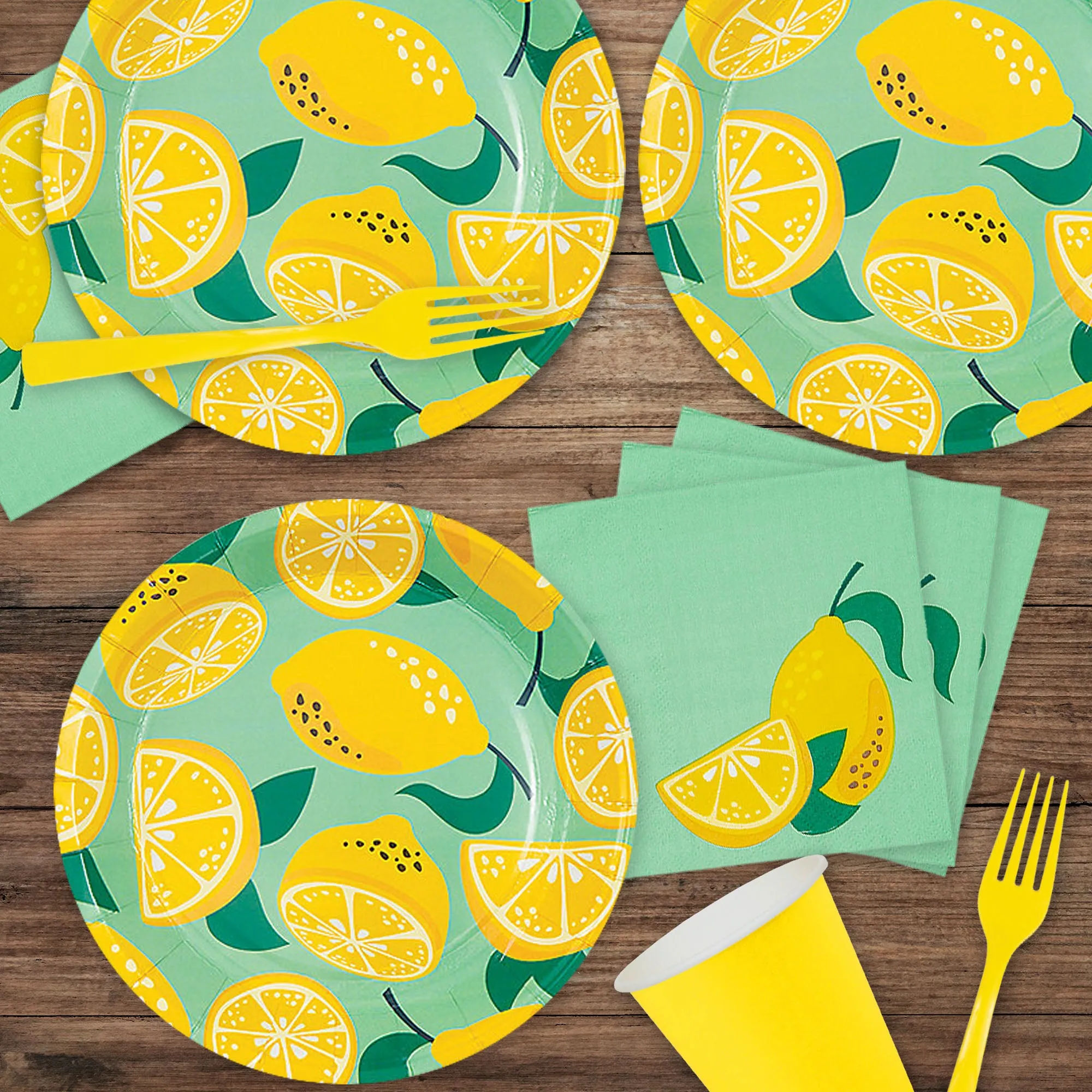 Lemon & Leaves Minty Citrus Round Paper Dessert Plates and Napkins (Serves 16)