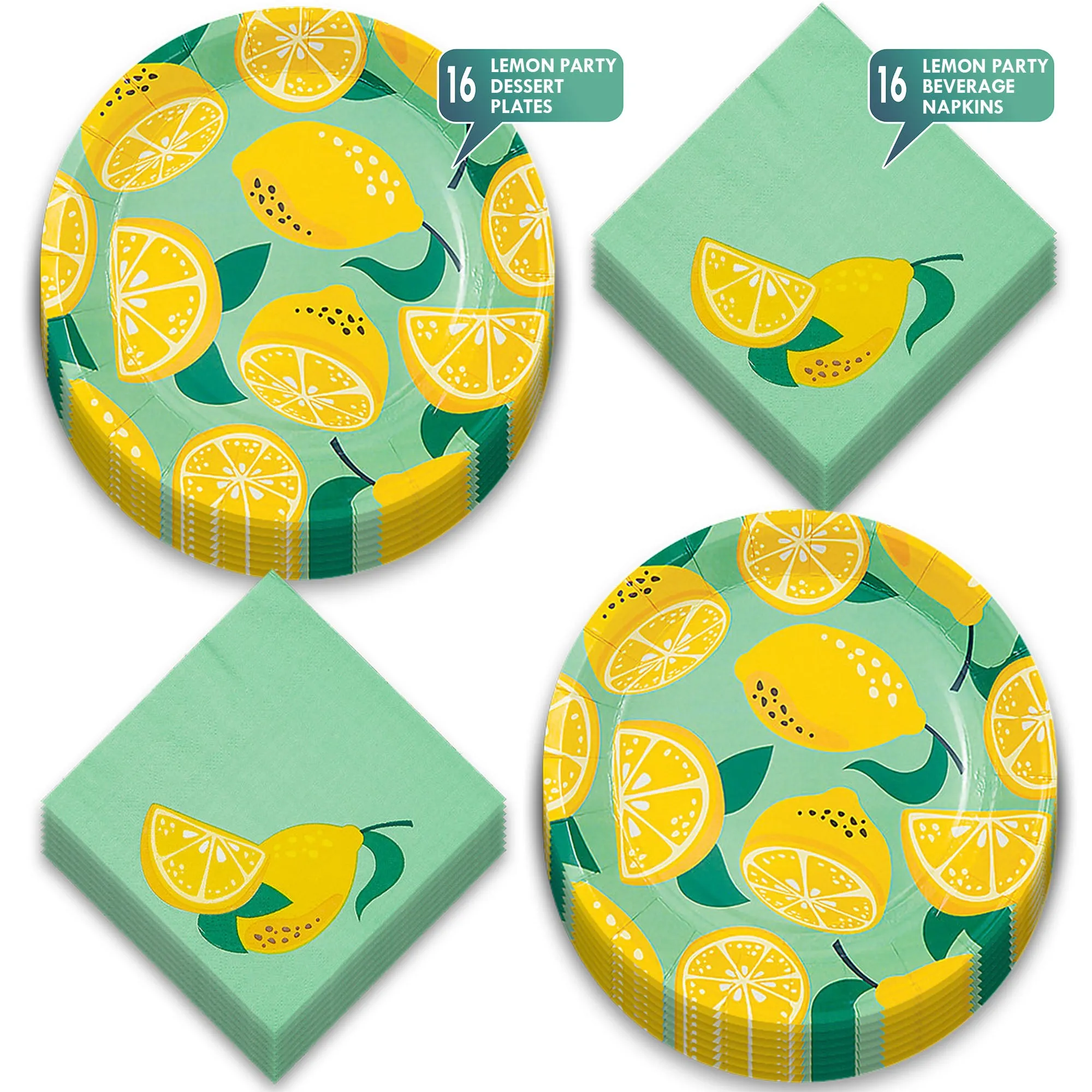 Lemon & Leaves Minty Citrus Round Paper Dessert Plates and Napkins (Serves 16)