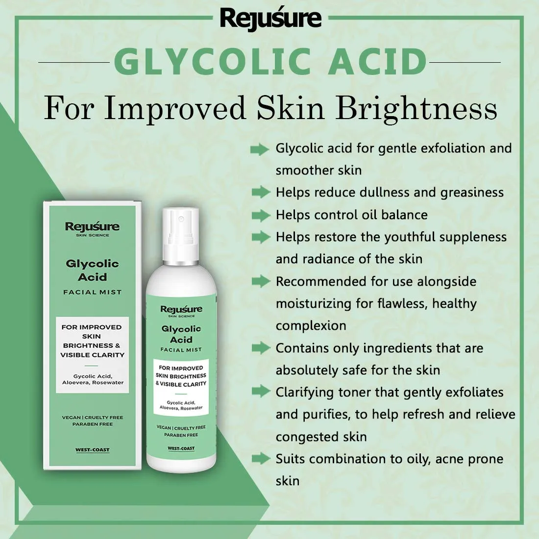 Rejusure Glycolic Acid Face Mist - Exfoliating & Hydrating Facial Spray | Skin Brightness & Clarity - 100ml